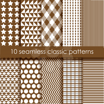 Set of 10 brown classic seamless geometric patterns. May be used as background, backdrop, cards, invitation etc.