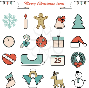 Set of flat colorful Christmas icons and decorations, new year isolated objects.
