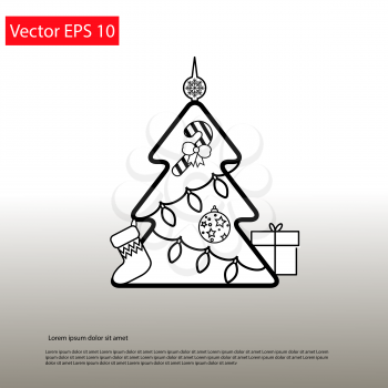 Vector Illustration of Christmas Outline Tree for Design, Website, Banner. New year and xmas Element Template. Christmas tree and box of gifts and present under it.