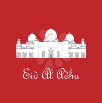 Eid Al Adha mubarak greeting card with white mosque. Vector illustration