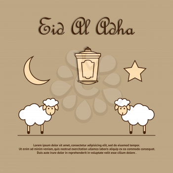 Greeting card template for Muslim Community Festival of sacrifice Eid-Ul-Adha with sheeps, latern, moon and star. Vector Illustration