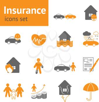 Life, healthy home and car insurance flat icons element collection in orange and grey colors
