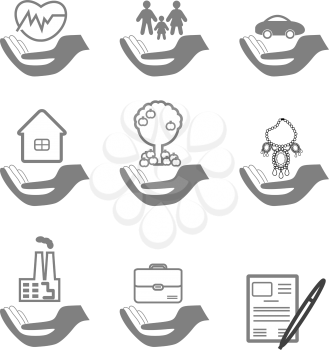 Vector insurance icons set- home and auto insurance, life insurance, insurance luxury items, insurance in agriculture, business risk insurance, the insurance package, the signing of the contract