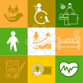 Life and healthy insurance flat icons collection in orange and grey colors