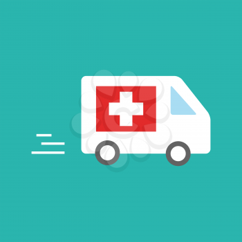 ambulance car rushes to the call. Emergency sign, medical vector flat illustration.