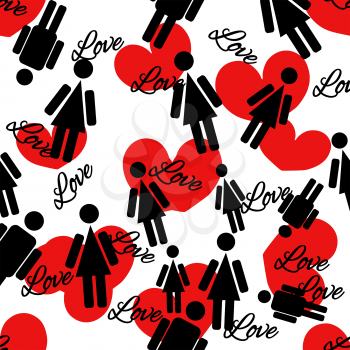 Seamless pattern of hearts and people.  Vector illustration on white background. 
