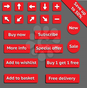 Buy web red buttons for website or app on grey background. Vector eps10.
