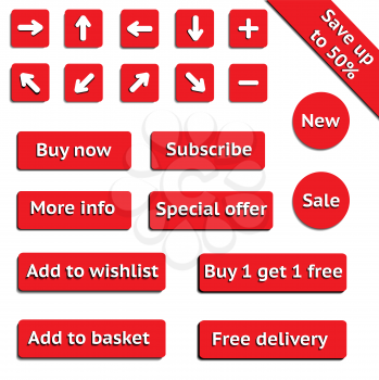 Buy web red buttons for website or app on white background. Vector eps10.