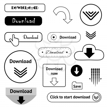 Download buttons and icons set, black isolated on white background, vector illustration.