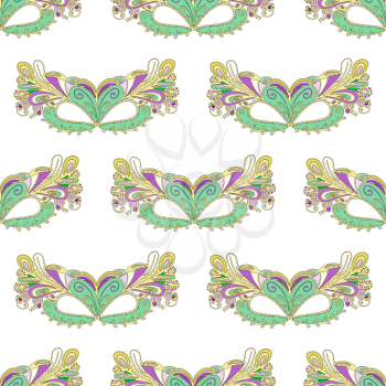 Mardi Gras carnival mask with colorful feathers. Seamless pattern