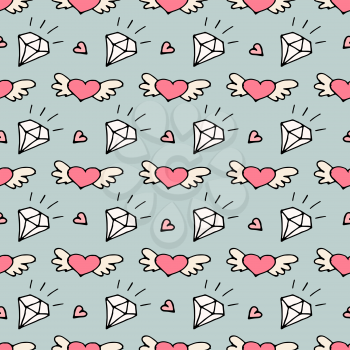 Seamless pattern with valentine hearts and diamonds, sketch drawing. Can be used for scrapbooking, wedding invitation, cards etc.