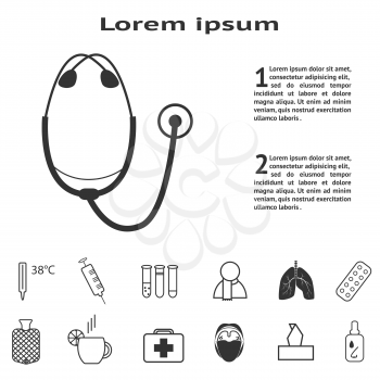 Stethoscope and medical icons monochrome collection with place for text