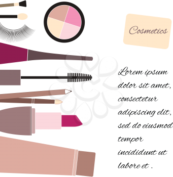 Cosmetics and fashion background with make up artist objects - lipstick, mascara, eye shadow, nail. With place for your text .Template Vector.