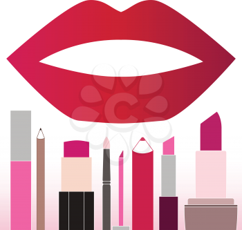 Flat multicolored lipsticks. Female make-up. Lipstick cosmetics and open mouth. Woman cute pink lipstick Isolated vector illustration