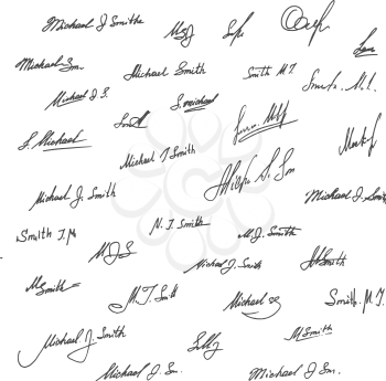 Collection of handwritten autographes. Personal contract fictitious signature set. Signature of Michael John Smith in different versions.