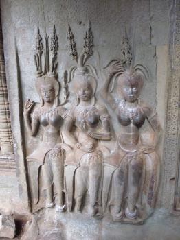 Angkor Wat bas-relief of women in temple detail Cambodia