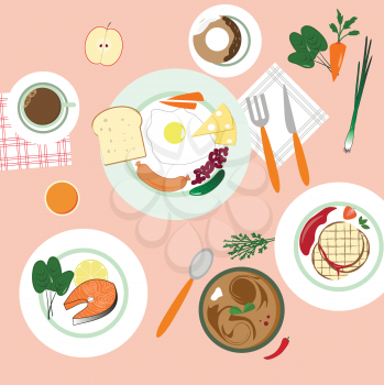 food in flat illustration style. Different dishes. Top view.