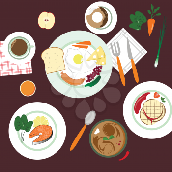 food in flat illustration style. Different dishes. Top view.