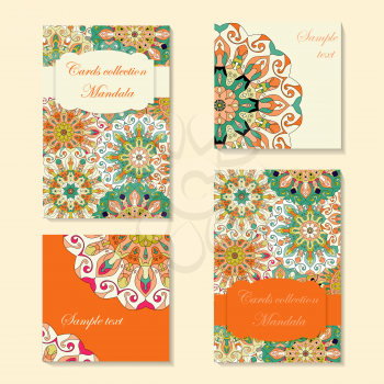 Greeting card design with mandala pattern. Abstract vector template. Indian, arabic, orient motifs in green, orange and brown colors. Easy edit and use