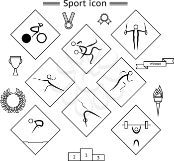 Sport Silhouette pictograms with icons signifying the victory in the competition such as medal, golden bowl, torch, ribbon, pedestal
