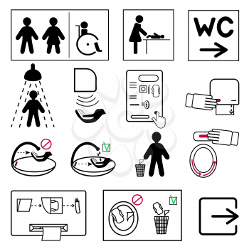 Toilet icons, bath and changing room. How to wash and dry hands, machine to buy pads, tampons, and condoms, hygienic toilet seat with a mechanism for changing disposable covers, bags for sanitary pads