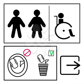 toilett signs set.  Plate indicated sexes and persons in a wheelchair, illustration of how do and donot to throw away hygienic items and sanitary pads, the pointer output