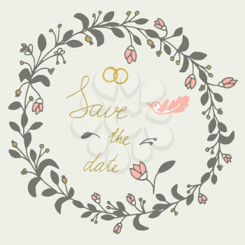 Save the date hand lettering phrase. Vector illustration with flowers for wedding day invitations, cards, decoration. Floral doodle wreath. Flowers and leaves elements.
