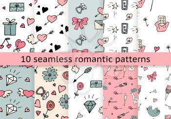 Love symbols Seamless pattern collection. Hand drawn doodles Vector illustration. Can be used for scrapbooking, fashion, cards for wedding, Valentine s day and other romantic occasion.