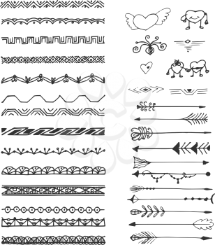 Set of Hand drawn vector line borders, arrows and design elements