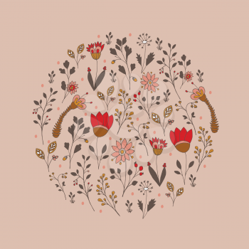 Floral circle pattern with flowers. Vector blooming doodle floral texture
