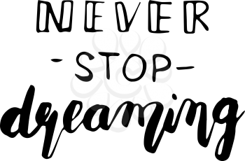 Hand lettering - Never stop dreaming. Motivational poster, print, illustration