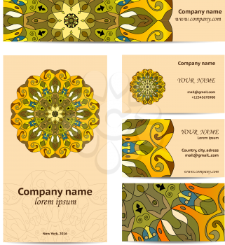 Stationery template design with mandalas in yellow colors. Documentation for business.