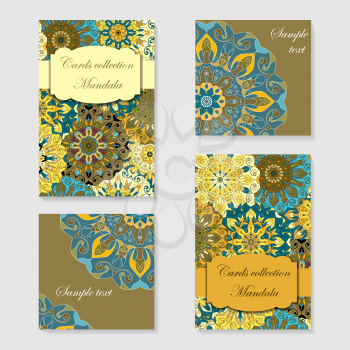 Greeting card design with mandala pattern. Abstract vector template. Indian, arabic, orient motifs in blue, yellow, orange and brown colors. Easy edit