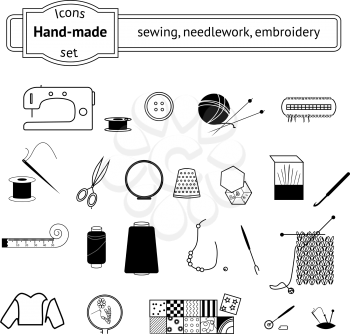 Knitting, sewing and needlework line icons collection. Knitting items, sewing equipment and needlework elements