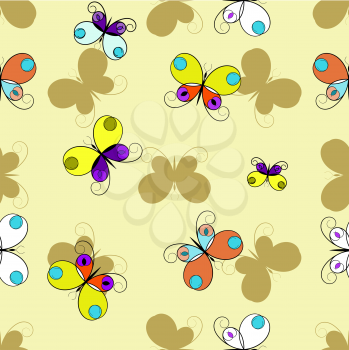 silhouette and colorful butterflies on background of color champagne, seamless pattern