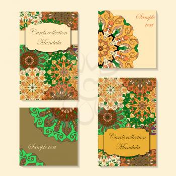 Greeting card design with mandala pattern. Abstract vector template. Indian, arabic, orient motifs in green, yellow, orange and brown colors. Easy edit and use