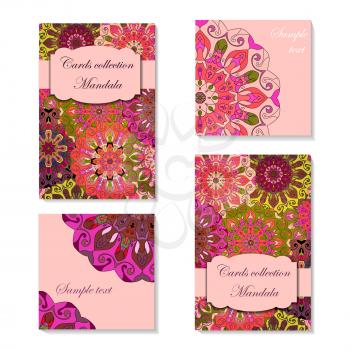 Card design with mandala pattern. Abstract vector template. Indian, arabic, orient motifs in green, pink and lilac colors. Easy edit and use