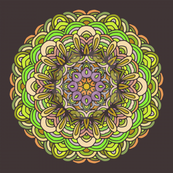 Hand drawn mandala colorful pattern on dark background. Geometric circle motif for design, invitation cards and elements for yoga symbol etc.