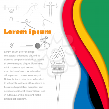 Sport brochure with abstract colorful background. Summer Games in Brazil pattern. Sport gold medal event. Competition in Rio de Janeiro. Web design with sport icons and flame.