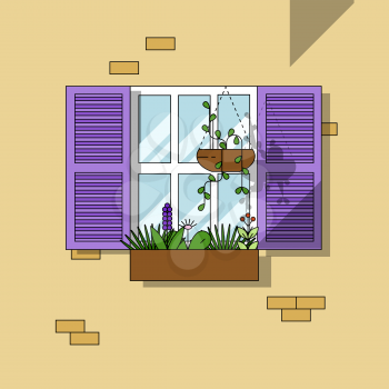 Architectural element Window with shutters and flowers. Flat style vector illustration