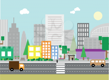 Flat design urban landscape illustration. Street with colorful buildings and skyscrapers at the background