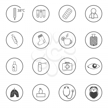 Medical icons set on white background. Cold symptoms and treatment. Monochrome icons