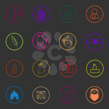 Medic colorful icons set on dark background. Treatment of cold and flu