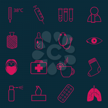 Set of medical icons on the theme of cold on dark background