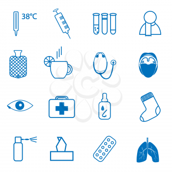 Set blue icons on the medical theme, and treatment of the common cold