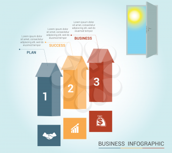 Template Conceptual infographics, arrows colored and doorway, 3 positions 