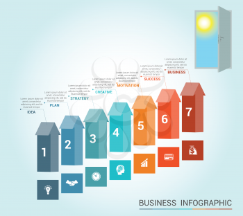 Template Conceptual infographics, arrows colored and doorway, 7 positions 