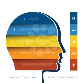 Template for infographic, head the person from colour strips, startup business concept, template for five positions, steps, options or parts 