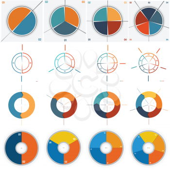 16 numbered Templates for Infographics, pie and ring chart, with text area on two,three, four, five positions possible to use for work flow, banner, diagram, web design, business projects