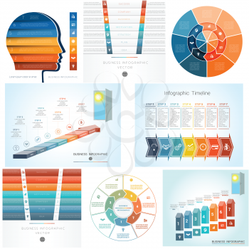 Infographics set 8 templates, diagram with seven steps, options, parts, processes.